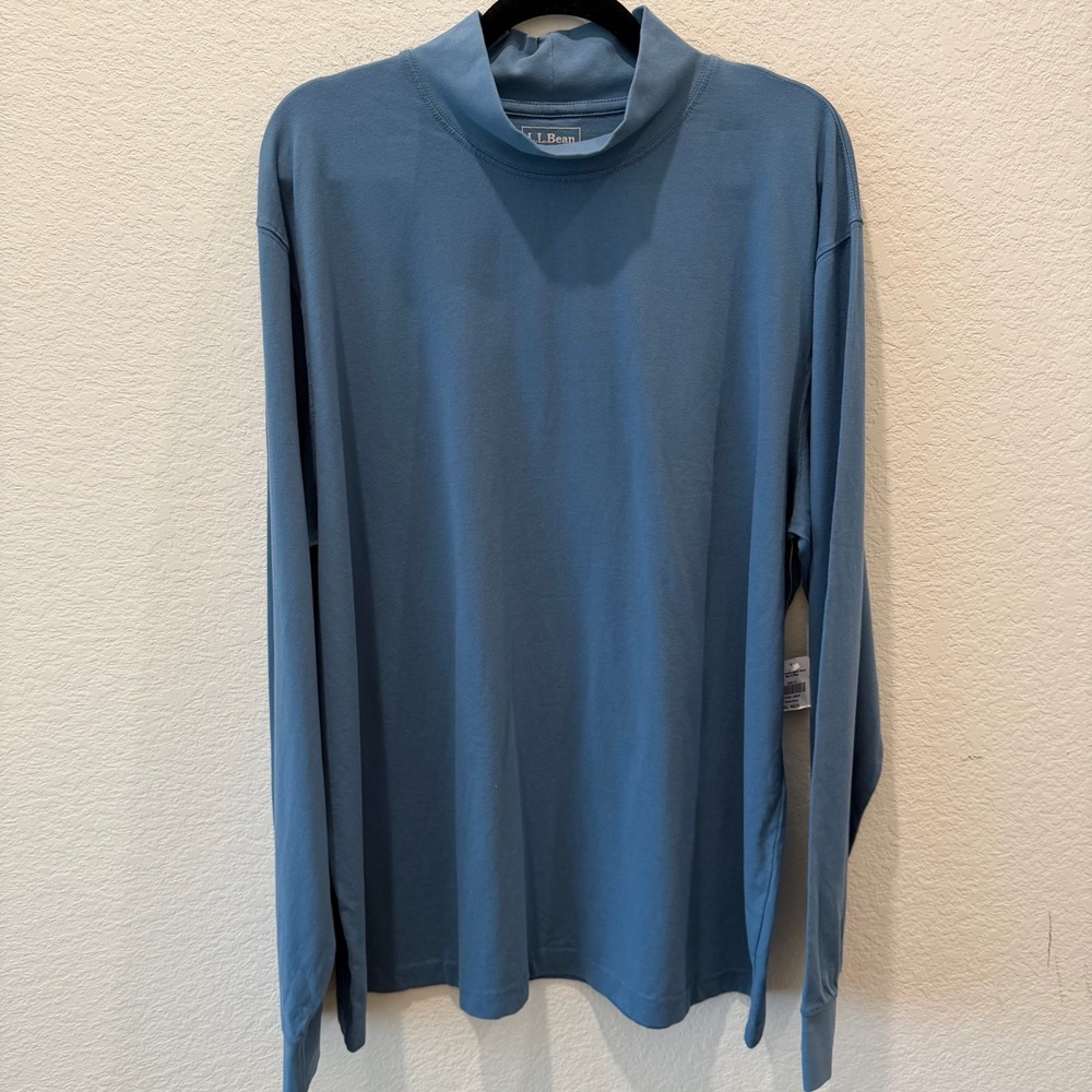 LL Bean Mens XL Blue Mock Neck Long Sleeve Cotton Shirt Traditional Fit 508112